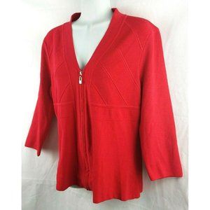 MOSCA Red Zip Front V Neck 3/4 Sleeve Ribbed Knit